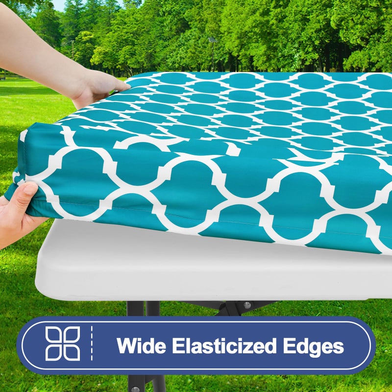 Smiry 2 Pack Rectangle Table Cloth 4 Foot  Waterproof Elastic Fitted Tablecloths  Windproof Washable Polyester Table Cover for Picnic  Camping  Outdoor (Teal  30""x48"") - Image 3